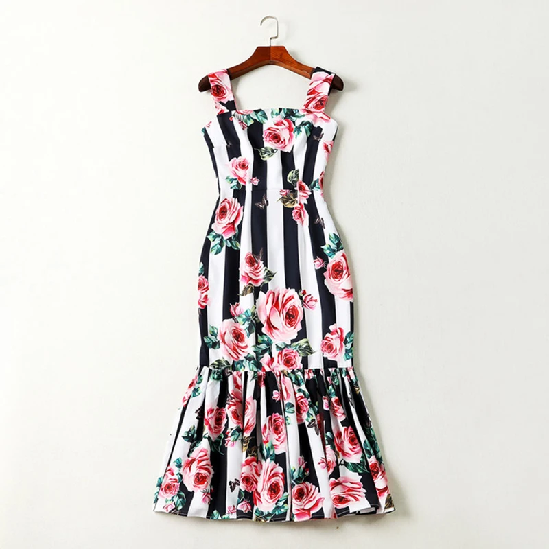 Высокое качество, новейший модный дизайн, подиумное платье, женское Полосатое платье-Русалка на бретельках с принтом розы