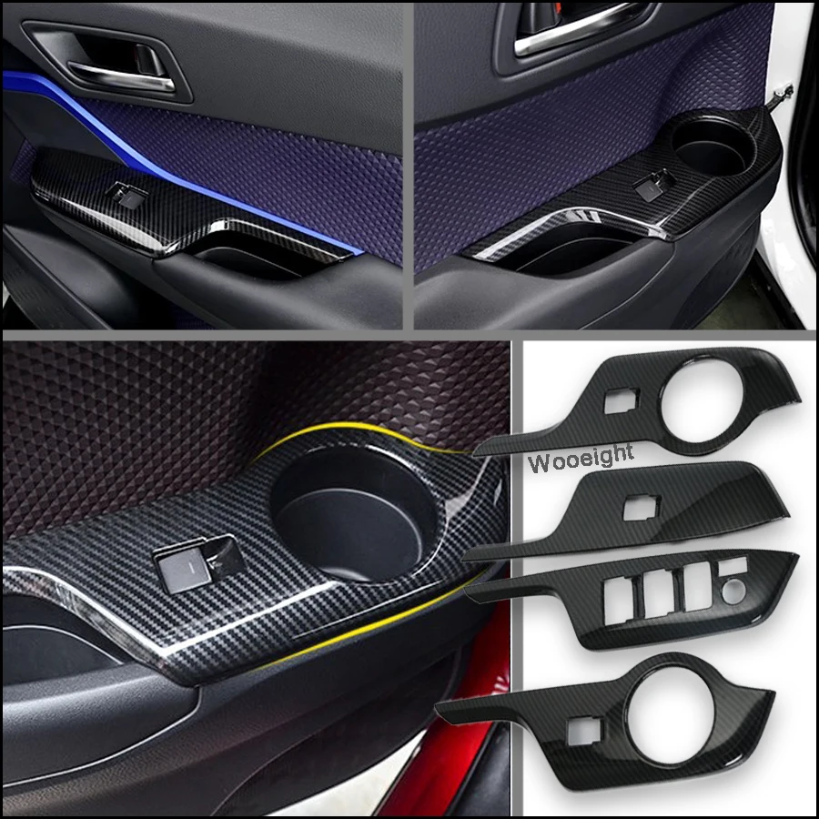 4Pcs Car Carbon Fiber Door Handle Window Button Lift Cover Trim For Toyota C-HR CHR 2017 2018 Inner Door Styling Frame (5)