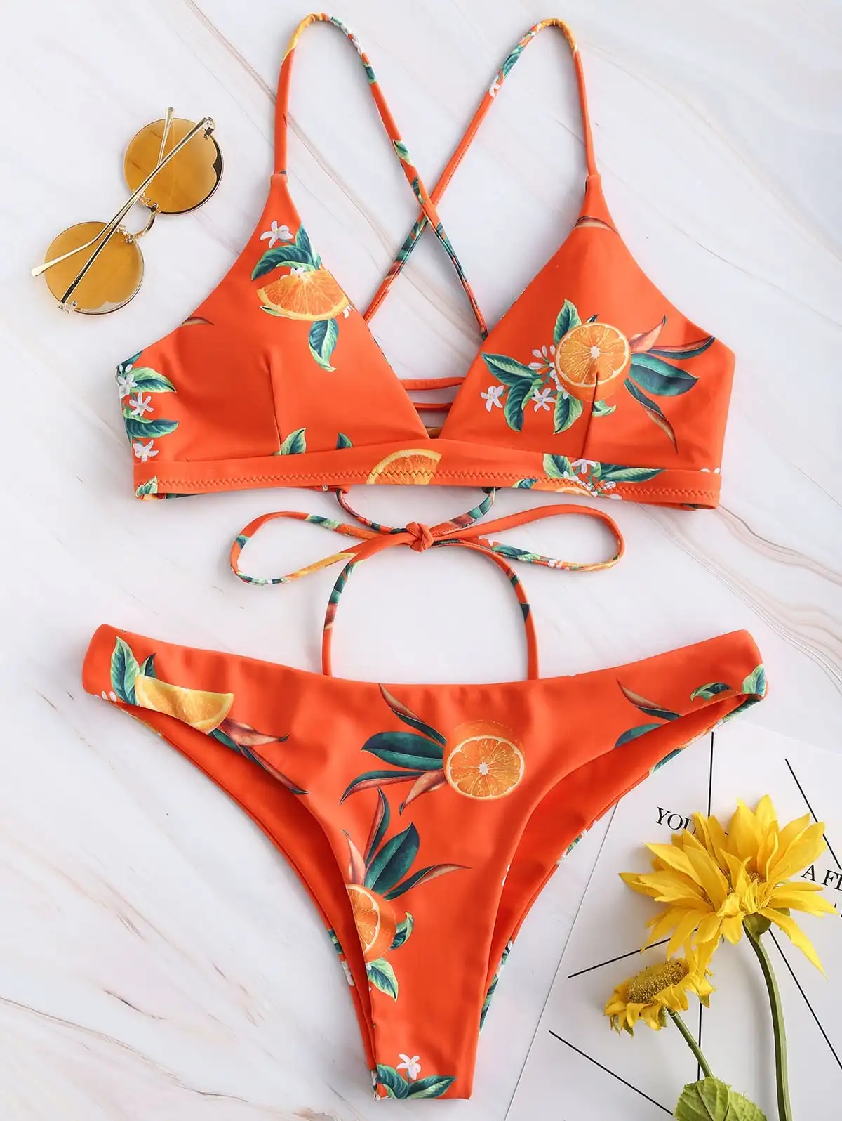 

2019 Sexy Push Up Swimsuit Bikini Sets Women Swimwear Orange Fruit Print Bandage Bathing Suit Beach Wear Maillot De Bain Femme