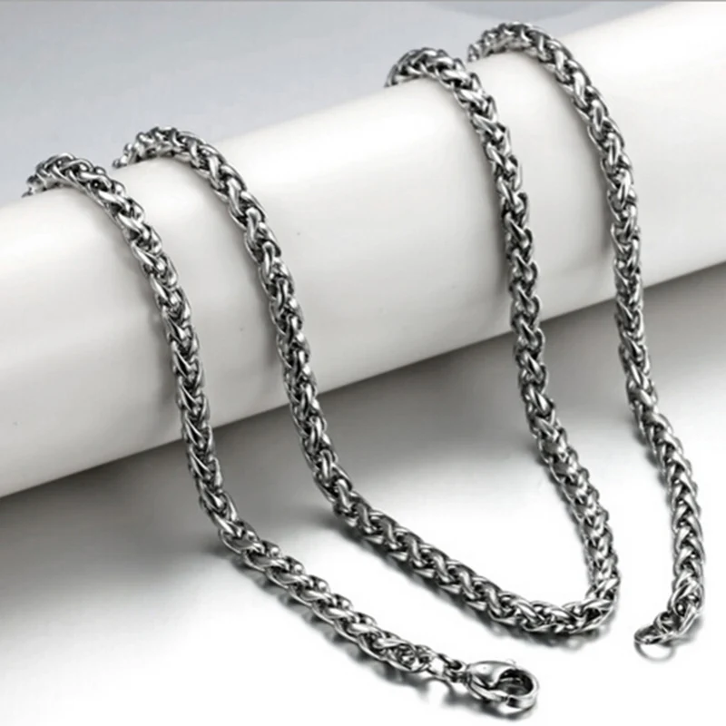 

Customized Any Length 3/4mm Wide Mens Chain Necklace Wheat Link Silver Tone Stainless Steel Chain High Quality