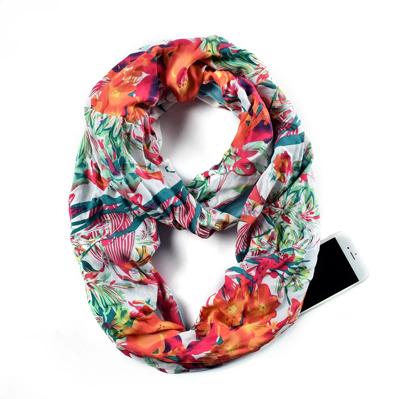 

Womens Floral Pattern Infinity Scarf Wrap Scarf with White Zipper Pocket, Infinity Scarves, Travel Scarf AA10306