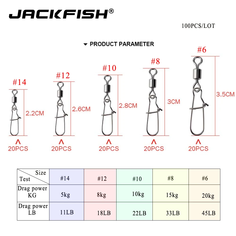 JACKFISH 100 шт./лот мощность 45LB рыболовный Соединитель с застежкой "булавка" подшипник роликовый поворотный из нержавеющей стали с защелкой снасть для приманки на рыболовецкий крючок