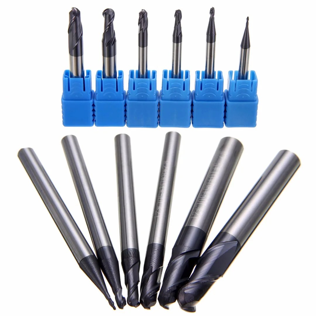 6pcs Ball Nose 2 Flute End Mill Set Solid Carbide CNC Milling Cutting Bit Nitrogen Coated R0.5/1.0/1.5/2.0/2.5/3.0mm