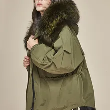 GUESOD зимнее женское пуховое пальто с мехом енота, с капюшоном, свободное теплое пальто, армейская зеленая верхняя одежда, Новое поступление