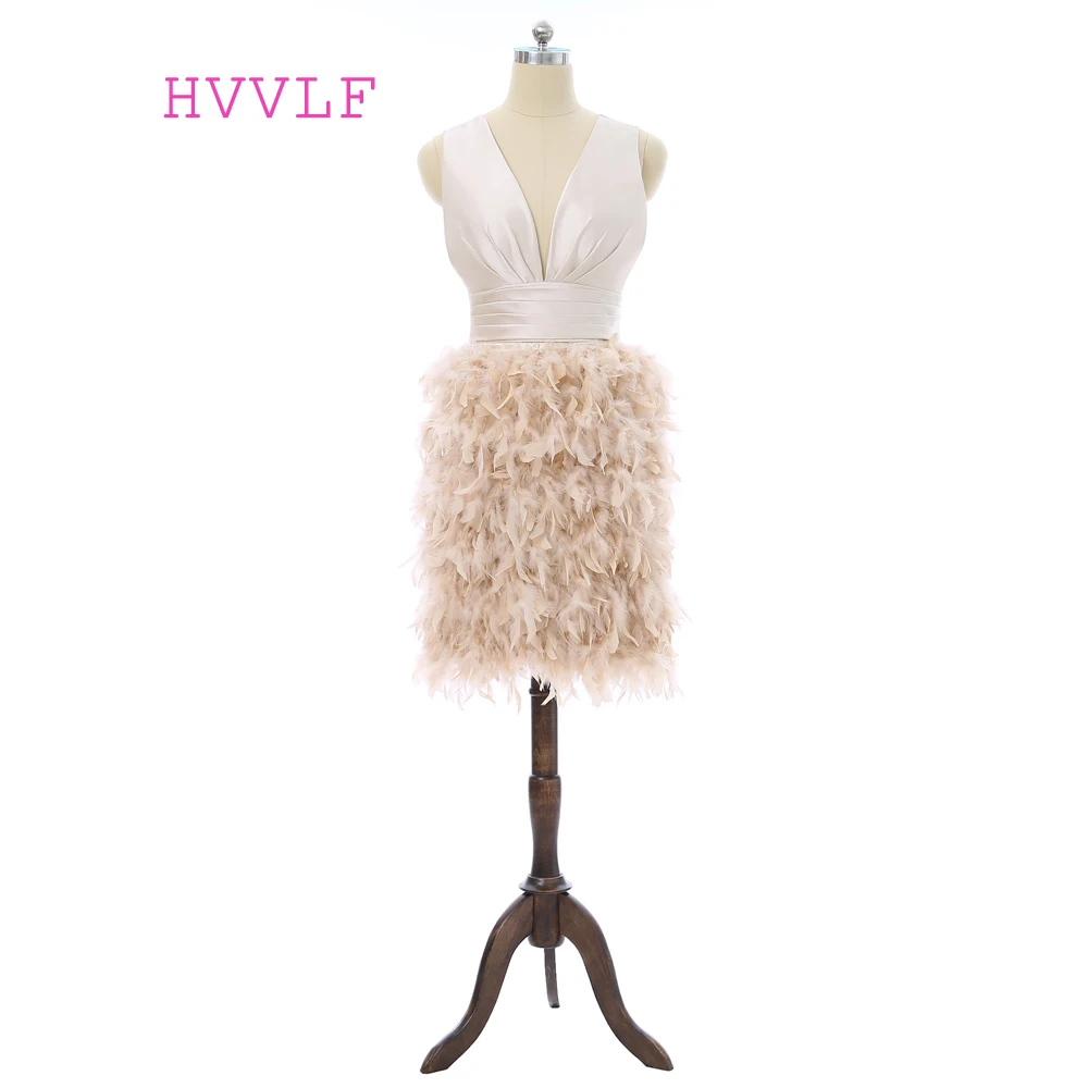 

Open Back 2019 Cocktail Dresses Sheath Deep V-neck Short Mini Feather Sexy Elegant Party Short Homecoming Dresses