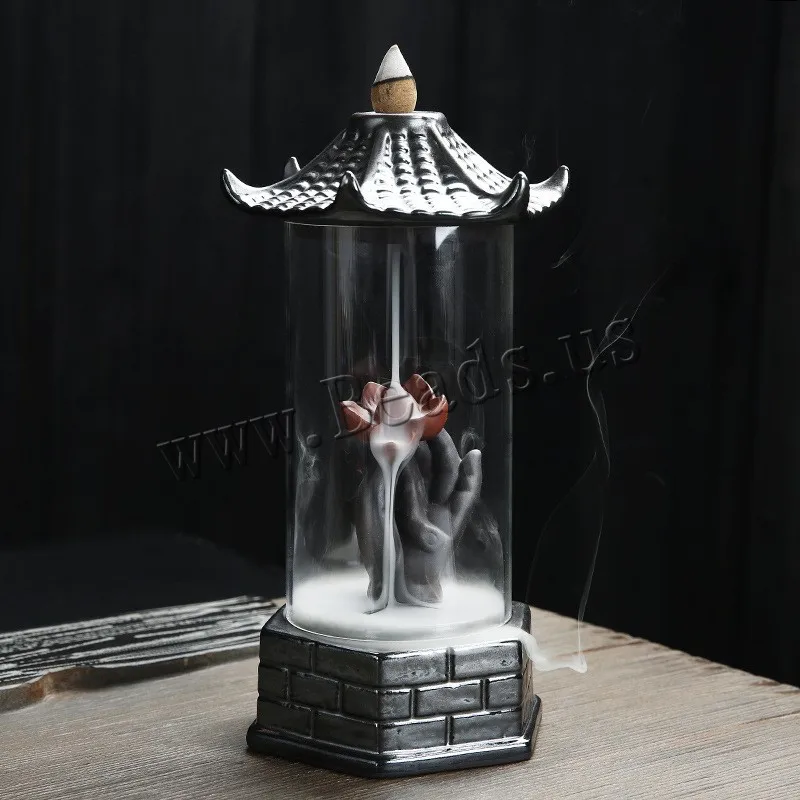 Kaufen Pagode Form Rückfluss Weihrauch Brenner Mit Acryl Schutzhülle Keramik Rauch Wasserfall Weihrauch Aromatischen Halter Home Decor