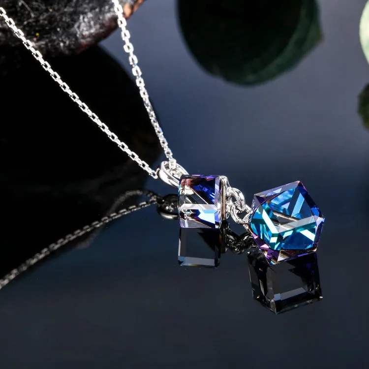 Ожерелье с кристаллами Swarovski, женское квадратное двойное ожерелье с синим кубическим кристаллом, женское ювелирное ожерелье