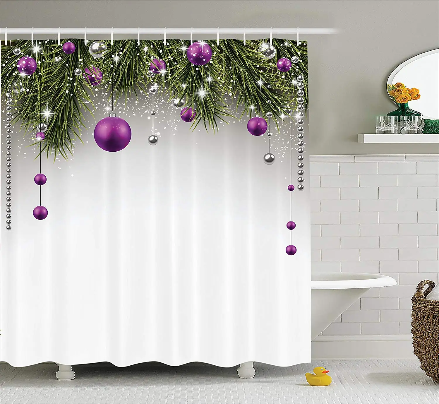 Christmas Shower Curtain Tree with Tinsel and Ball with Present Wrap