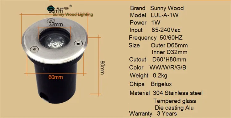 Светодио дный подземные лампы, 1 Вт inground IP67 врезная лампа AC85-240V LUL-A-1W 3 года гарантии