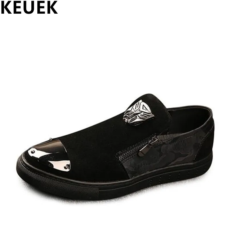

Genuine leather Male Pointed toe Slip On Flats Metal Fashion Loafers Men Casual shoes sapato masculino Youth trend shoes 022