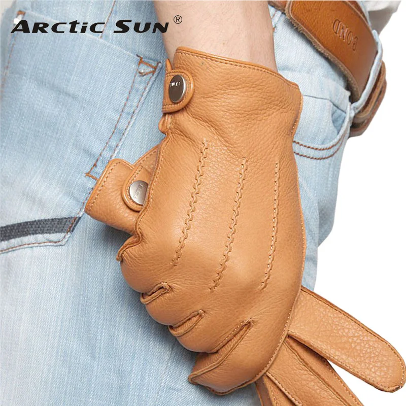 Comprar Moda 2019 guantes de piel de ciervo para hombre de lujo botón muñeca sólida cuero genuino hombre invierno conducción guante envío gratis Em012wr