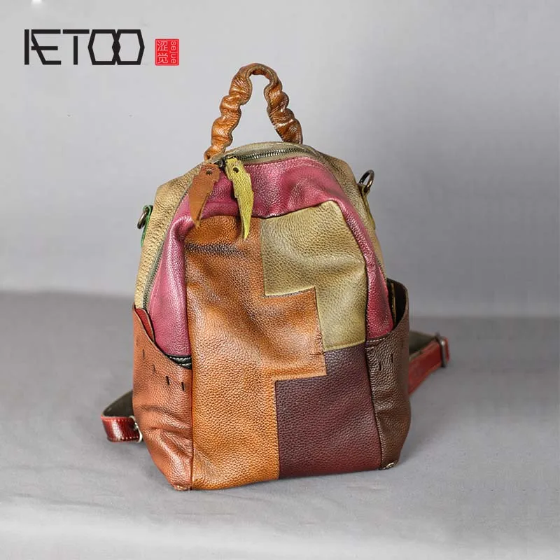 

AETOO Literary retro genuine leather backpack female large capacity soft leather hand-stitched first layer cowhide backpack