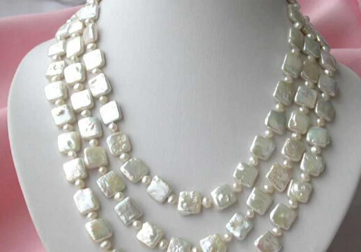 

NEW 001820 NATURAL 3row 12mm square white freshwater pearl necklace