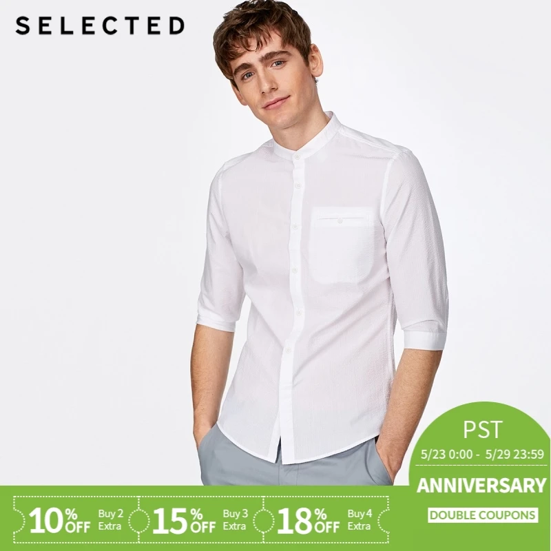 

SELECTED Leisure stand collar slim fit three quarter sleeve shirt C|418231502