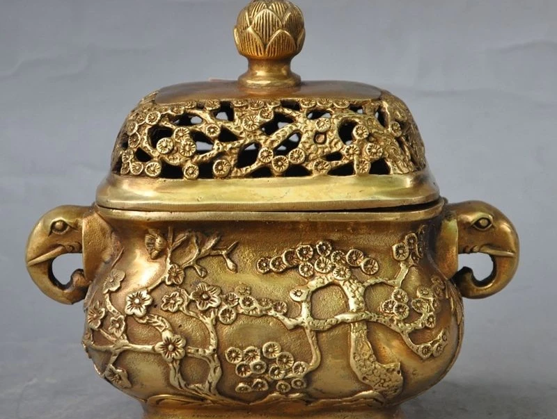 

7" chinese fengshui brass Elephant head Plum flower statue incense burner Censer