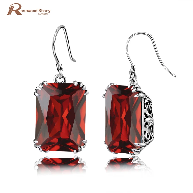 

Retro 100% Real Pure 925 Sterling Silver Jewelry Red CZ Stone Crystal Elegant Dangle Earrings For Women Lover Party Gifts Bijoux