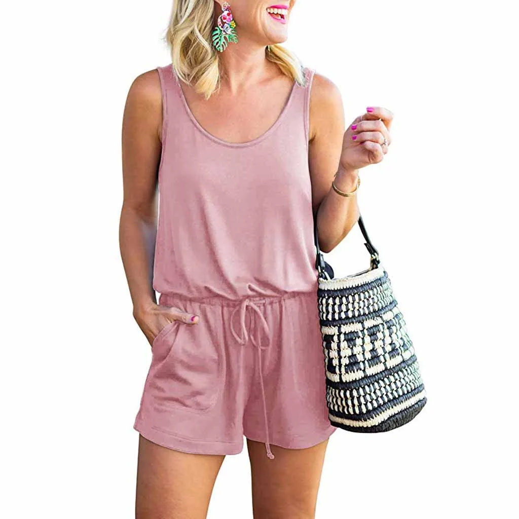 Fashion Nova Woman Summer Playsuit Pockets Lace Up Scoop Neck Sleeveless Tank Tops Short Jumpsuit Rompers Overol Mujer Playsuit