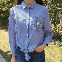 2016 new autumn women Striped shirt blouses long sleeve corsage design lacing hem shirt tops plus size M-5XL,T483