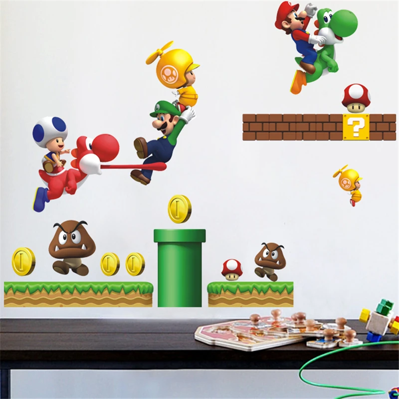 Супер Марио наклейки на стену для детской комнаты украшения мультфильм игры вентиляторы наклейки на стены Искусство детский подарок на день рождения