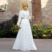 New Arrival White Lace Muslim Wedding Dresses Long Sleeves Woman Abayas Caftan with Gold Belt Bridal Gowns vestido de noiva