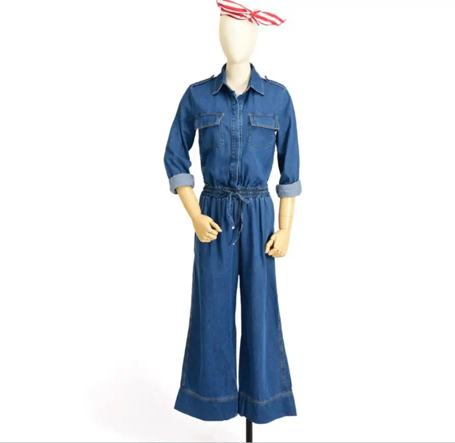 Свободный спортивный костюм комбинезоны женские весна осень широкие ноги джинсовое боди с длинным рукавом