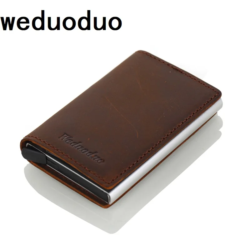 

Weduoduo Men Genuine Leather Card Holder RFID Metal Credit Card Holder Anti-theft Men Wallet Automatic Pop Up card case