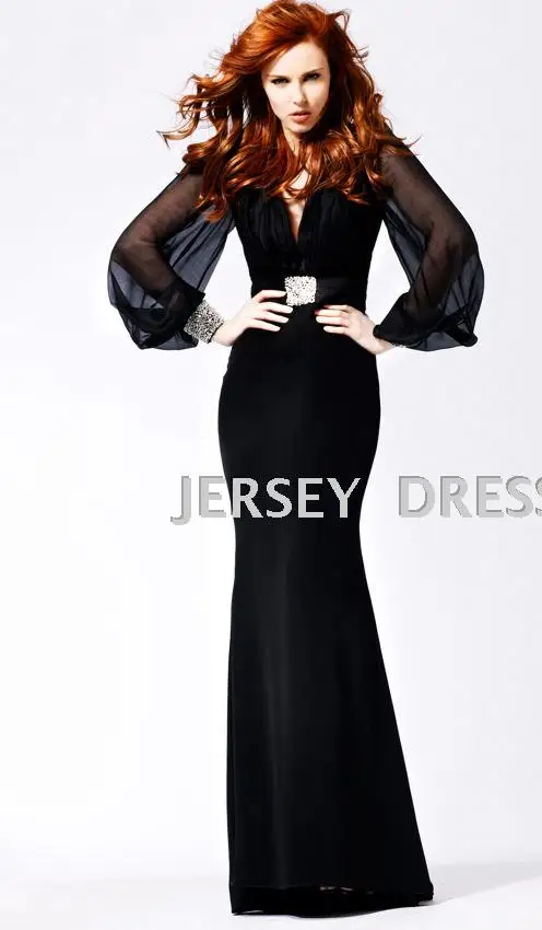 

free shipping 2013 Fashion black V-neck long sleeve maxi dresses customized brides maid dresses formal dress evening dresses