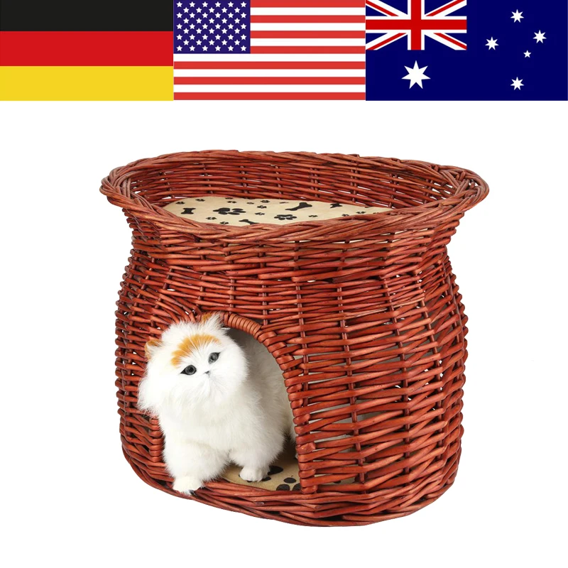 

2 Layers Wicker Cat Bed Basket Pet Dog Sleeping House with Soft Cushion