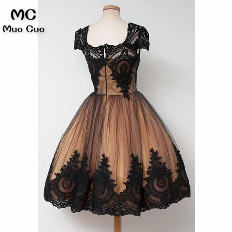 Knee-Length Square Cap Sleeves Ball Gown Homecoming Dress With Lace65