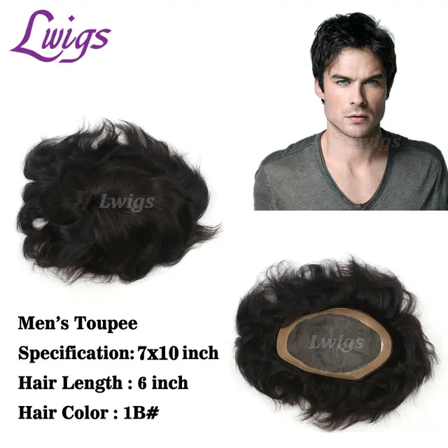 Lwigs men's wig short natural hair thin skin toupee 7 x 10 inch lace