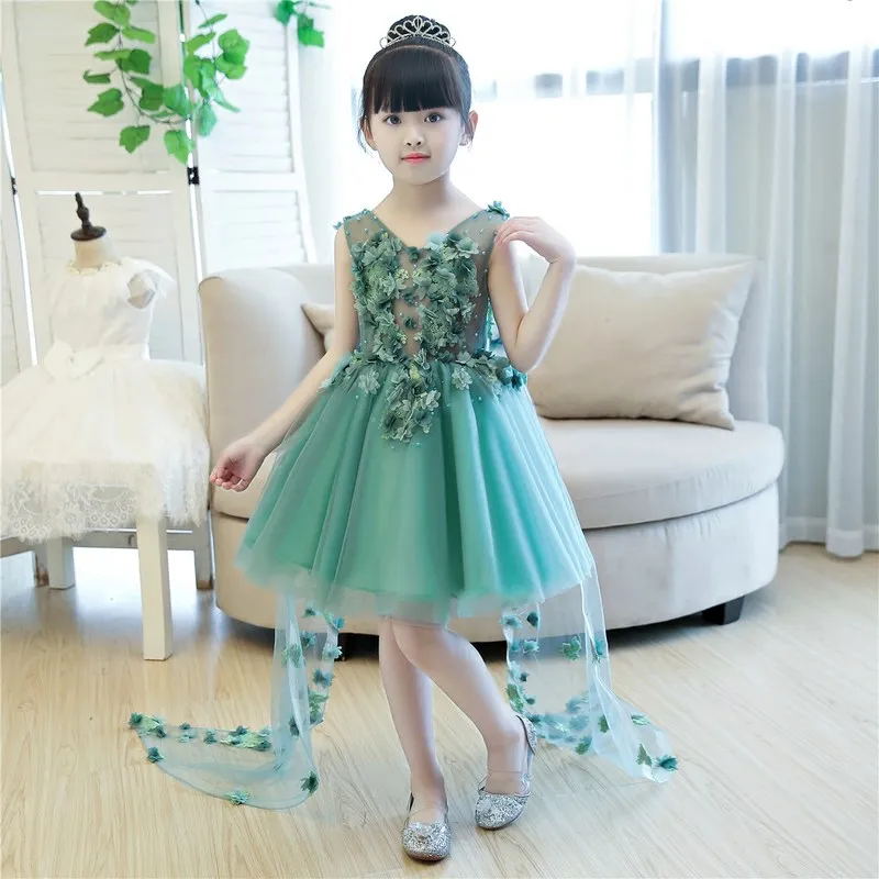 Luxury Princess Dress Evening Gowns Birthday Floral Pearl Beading Girls Formal Dress Detatchable Trailing Flower Girl Dresses B