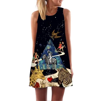 

Feitong Women Loose Summer Dress Sexy Nice Bohemian O-Neck A-Line Sleeveless Floral Print 3D Tank Mini Dress Black