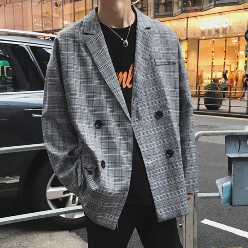 

2019 Spring England Style Young Fashion Double Breasted Plaid Blazer Men Oversize Casual Suit