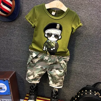 

2PCS Boys fashion clothing set summer kids army green black cartoon pattern t shirt and jean Camouflage overall set baby clothes