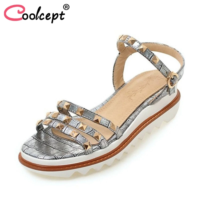 

Coolcept Size 34-43 Simple Women Wedges Sandals Open Toe Ankle Strap Rivet Sandals Summer Daily Leisure Shoes Women Footwear