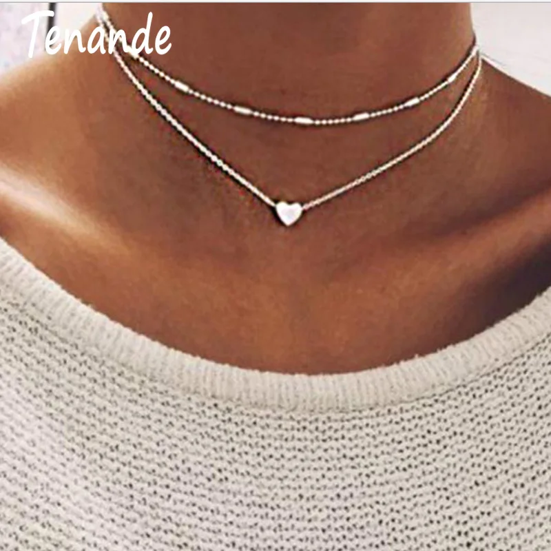 

Tenande Simple Style Double Layer Gold Color Beads Love Heart Necklaces & Pendants for Women Charm Jewelry Femme Bijoux Collier