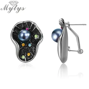 

Mytys Sparkling Noble Leaf Earrings for Wome Colorful Crystal & Black Pearl On Leaf Retro Statement Earrings Fashion Gift CE580