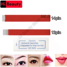 50 Pçs/lote Sombreamento Vermelho 12 14 Pin Flat Lâmina Descartável Maquiagem Permanente Sobrancelha Tatuagem Caneta Tatuagem Manual de Agulha Para Microblading