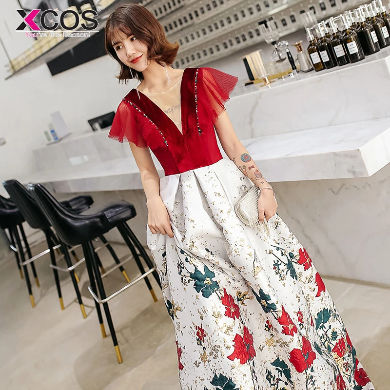 Elegant 2018 New V Neck Prom Dresses with Floral Print Pattern Cap Sleeve Long Graduation Gowns Red Evening Dress | Свадьбы и