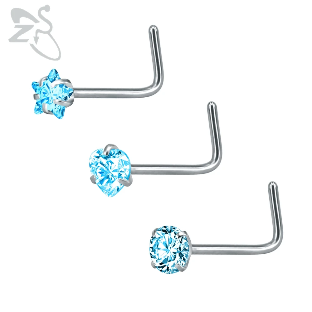 3 шт./партия, смешанные l-образные шпильки для носа, нержавеющая сталь, пирсинг носа, кольца Nariz, сердце, звезда, прозрачный кристалл, ноздри, пирсинг, ювелирные изделия - Окраска металла: Mix shape blue