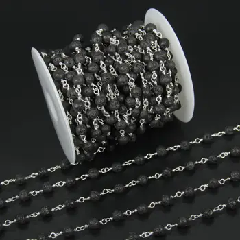 

Wholesale Black Lava Rosary Style Beaded Chain Round Beads Wire Wrapped Silver over sterling or Plated Chain Link Necklace 6mm