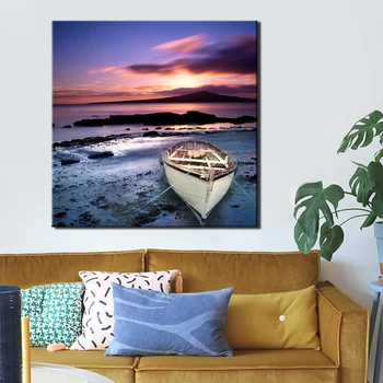 

70x70cm - Modern Spray Paintings Seascape HD Poster Prints on Canvas The Boat on the Beach Wall Art Picture for Living Room Gift