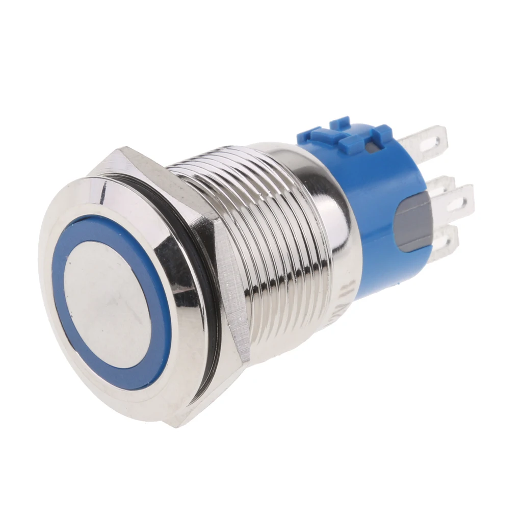 19MM Blue LED Light Metal Button Switch Momentary Push Button Auto Reset Waterproof Illuminated Switch Latching IP67