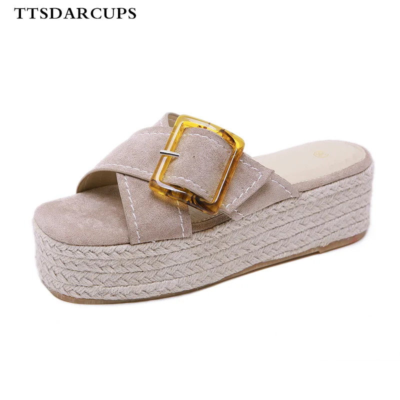 

New fashionable braided thick-soled muffin-soled slippers Women Shoes Fisherman's shoes with big belt buckle Plus Size 35-40