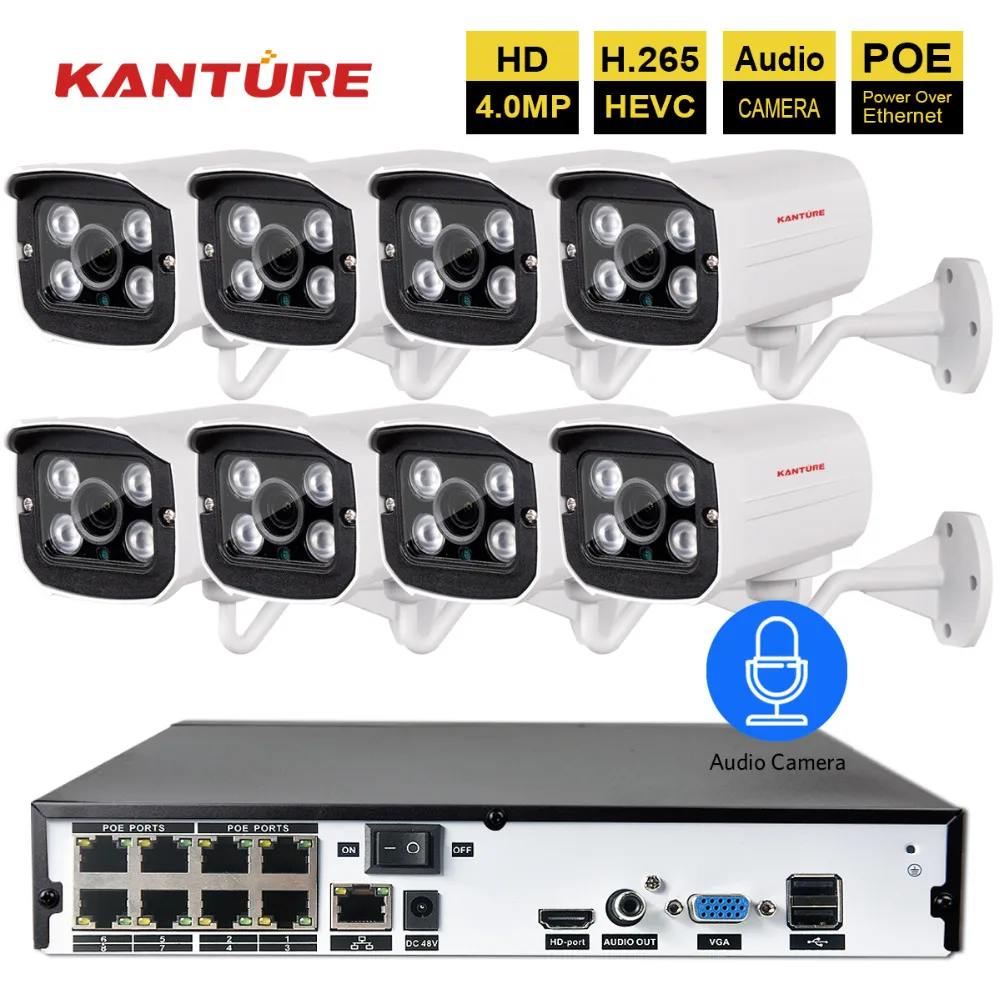

H.265 8CH 4MP POE CCTV NVR kit 8PCS 4MP IP66 security waterproof Audio Record Sound IP cameras P2P Video Surveillance system