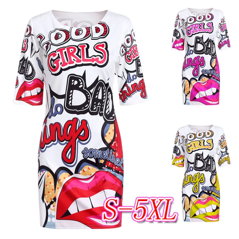

2019 Women's Funny Print Summer Dress Cartoon Hip Hop Lips Mini Dress Club Party Gown Large Size T-Shirt Dress