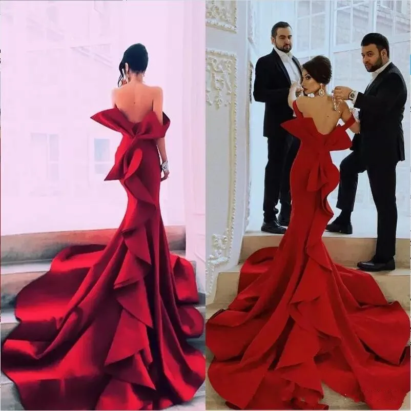 

Elegant Sweetheart Floor Length Evening Dresses Backless robe de soiree Off Shoulder Evening Dress Red Bow Tiered vestidos