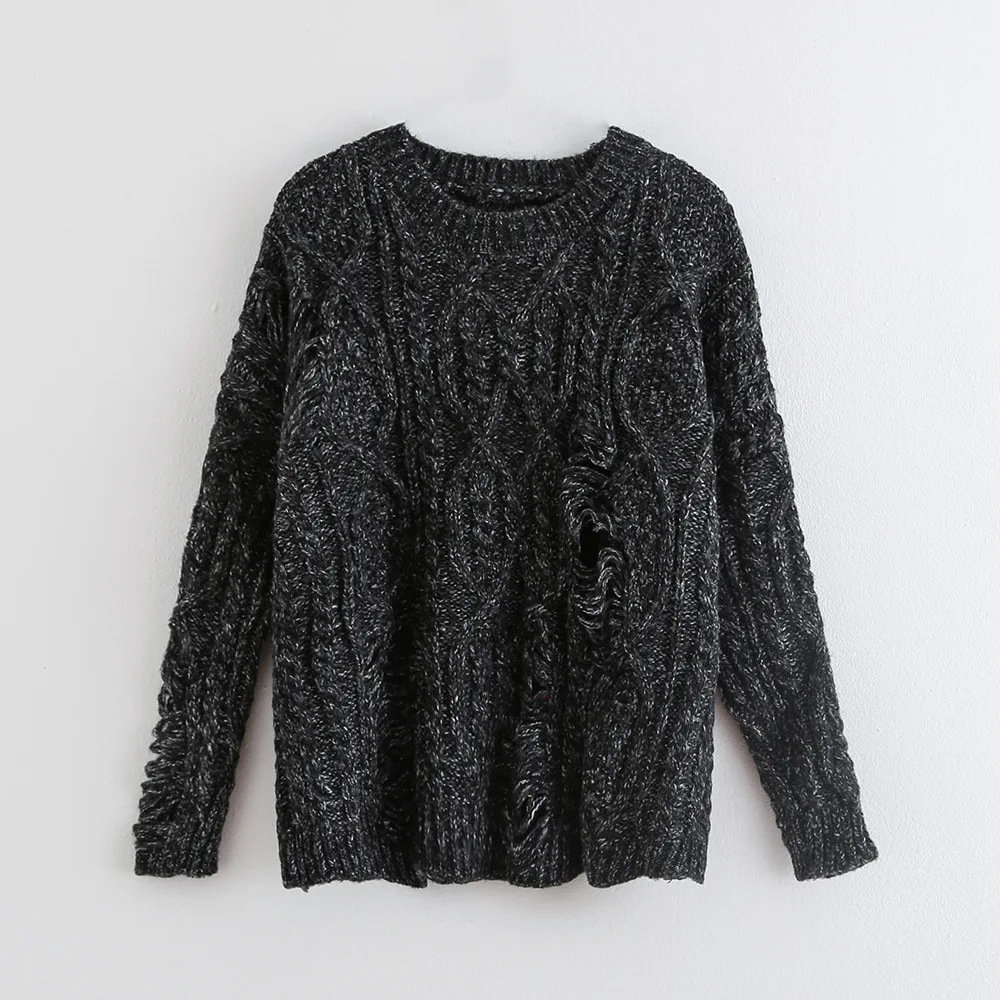 

autumn winter round neck oversize loose pullovers long sleeve ripped destroy knitted sweaters jumper jersey jacket for women red