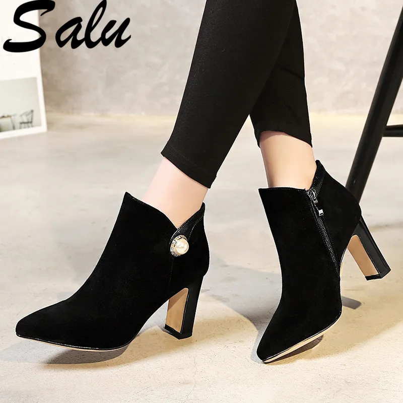 

Salu Fashion Ankle Boots Women Autumn Winter High Heels Shoes Woman Pointed Toe Elegant Kid Suede Leather Ladies Boots