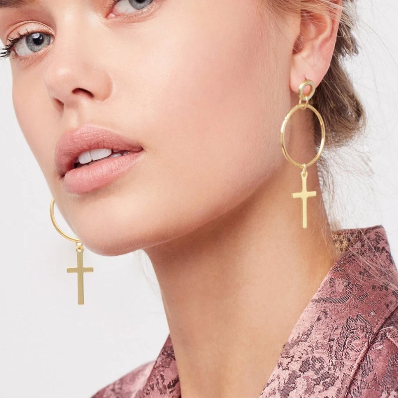 

New Design Round Circle Metal Cross Dangle Earrings for Women Geometric Drop Earring Fashion Pendientes Jewelry Gift